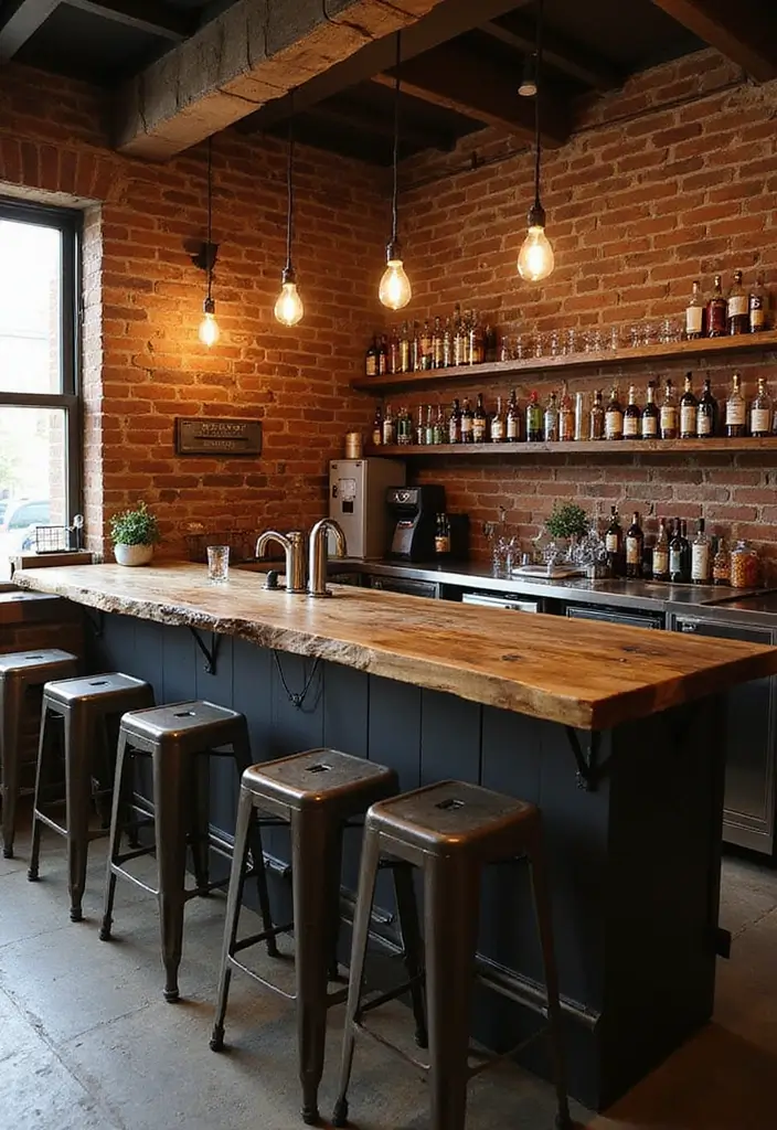 Industrial rustic basement bar with metal stools and filament bulb lighting