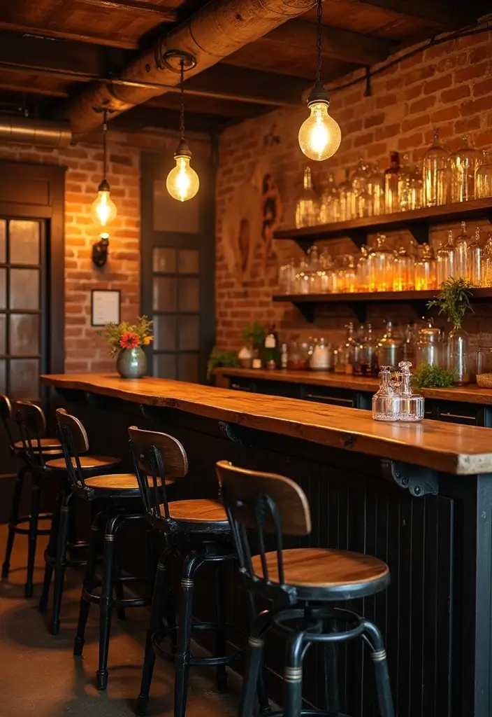 Vintage rustic basement bar with walnut live-edge countertop