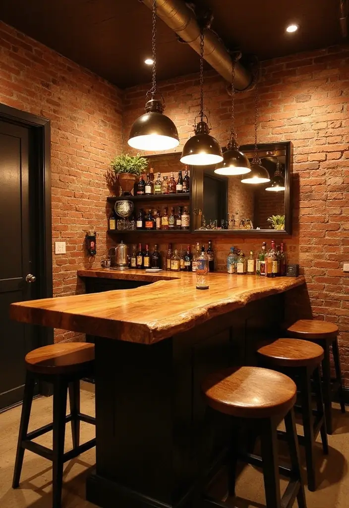Cozy corner rustic basement bar with live-edge countertop