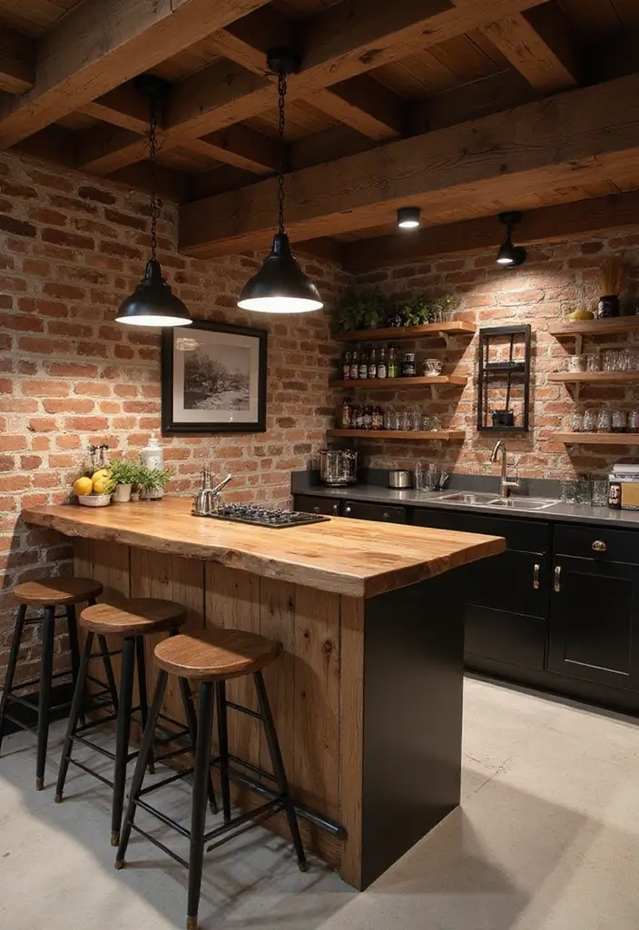 Modern rustic basement bar with white cabinetry and live-edge countertop