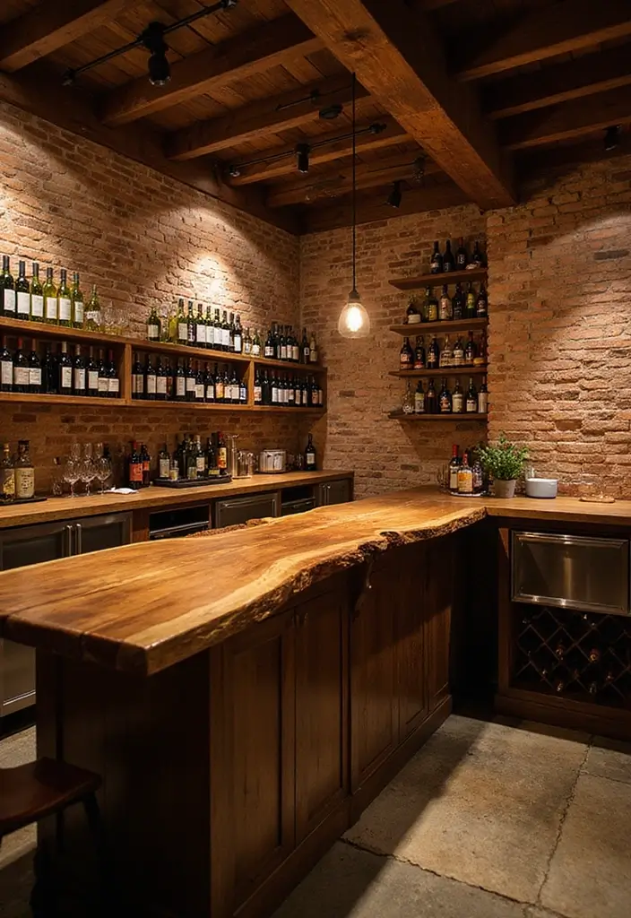 Rustic wine bar with live-edge countertop and wine racks