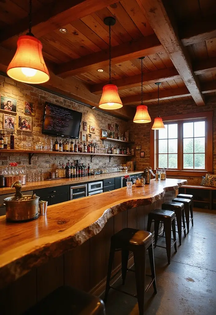 Family-friendly rustic basement bar with live-edge countertop