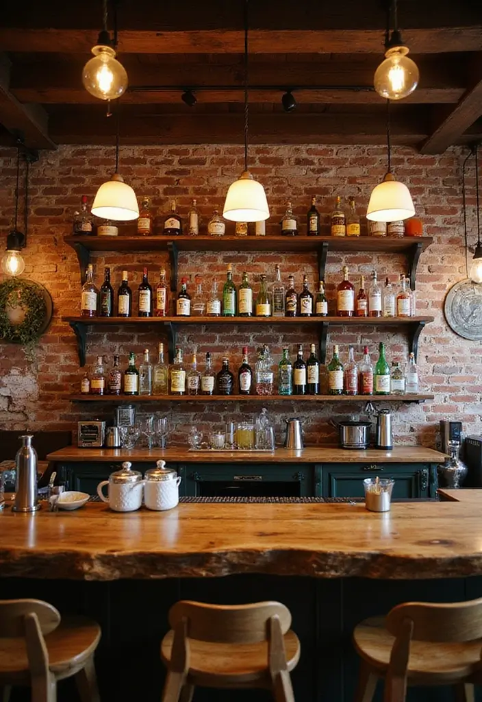 Rustic basement cocktail bar with live-edge countertop