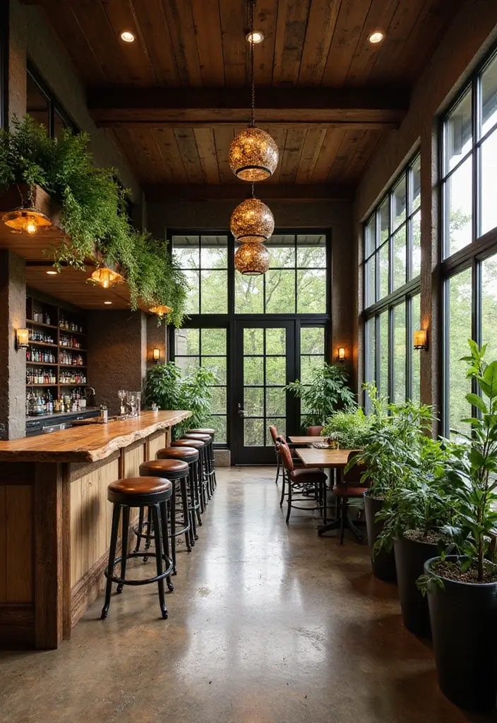 Outdoor-inspired rustic basement bar with live-edge countertop