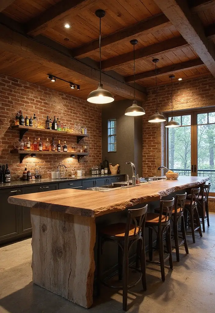 Rustic basement bar with live-edge countertop near window