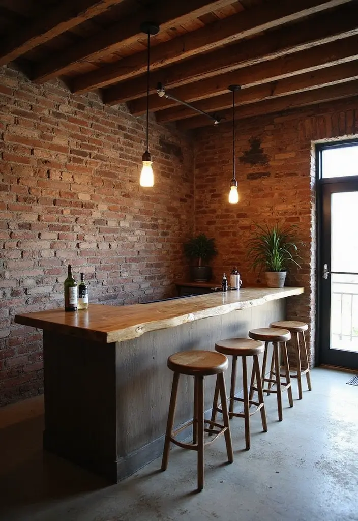 Minimalist rustic basement bar with live-edge countertop
