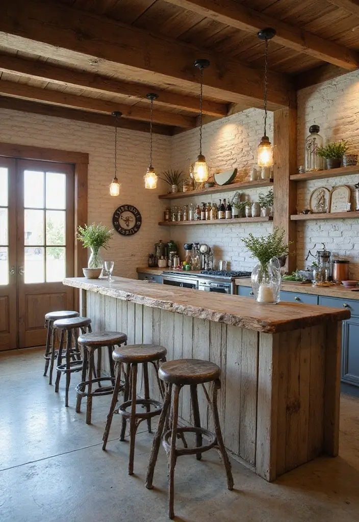 Beachy rustic basement bar with driftwood live-edge countertop