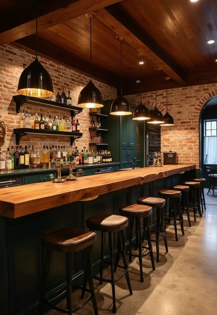Elegant rustic basement bar with polished live-edge countertop