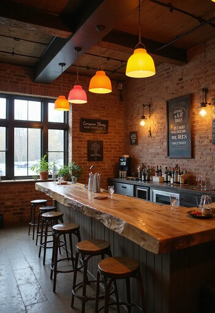 Rustic basement crafting bar with live-edge countertop