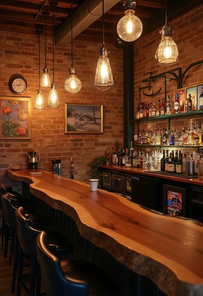 Artistic rustic basement lounge bar with live-edge countertop