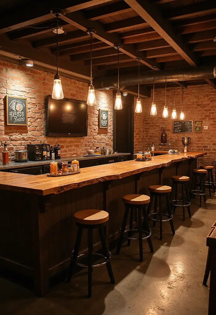 Themed rustic basement party bar with live-edge countertop