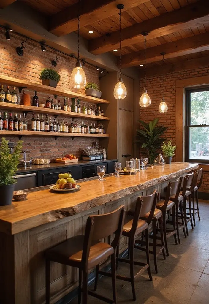 Rustic basement bar with live-edge countertop and vintage lighting