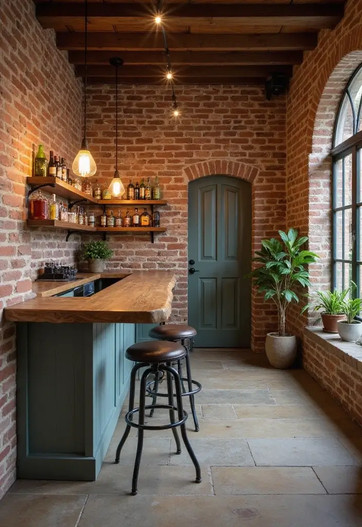 Relaxing rustic basement bar with live-edge countertop