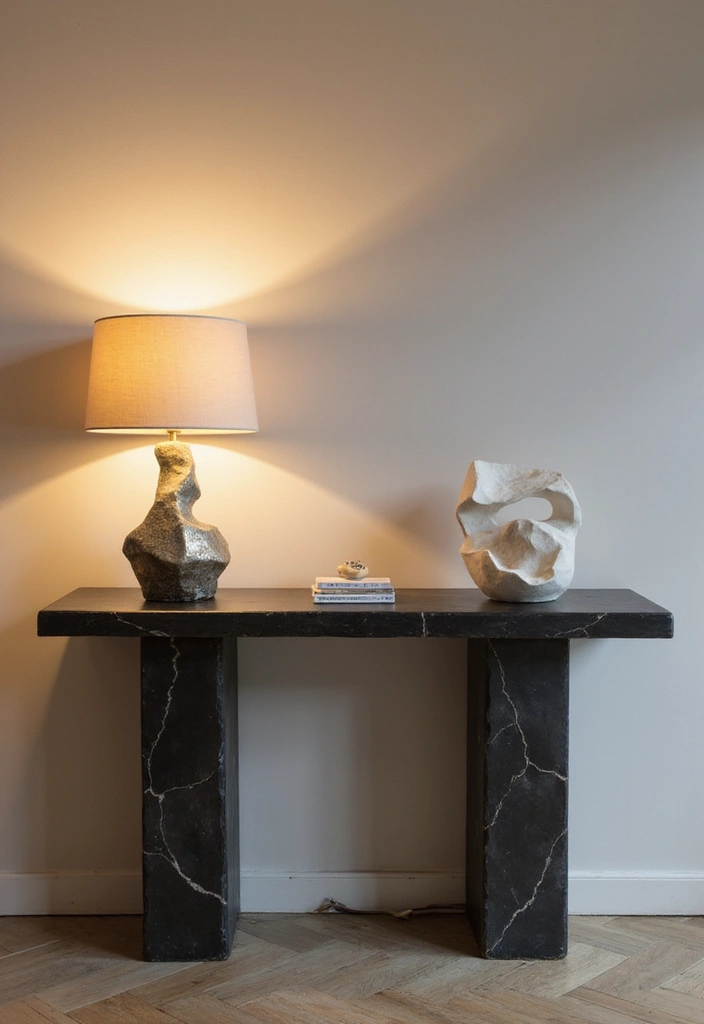 Sculptural lamp on console table