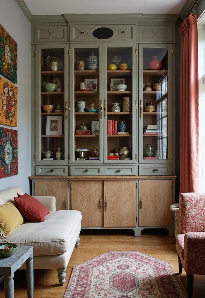 Eclectic smoked-glass cabinet with mixed decor
