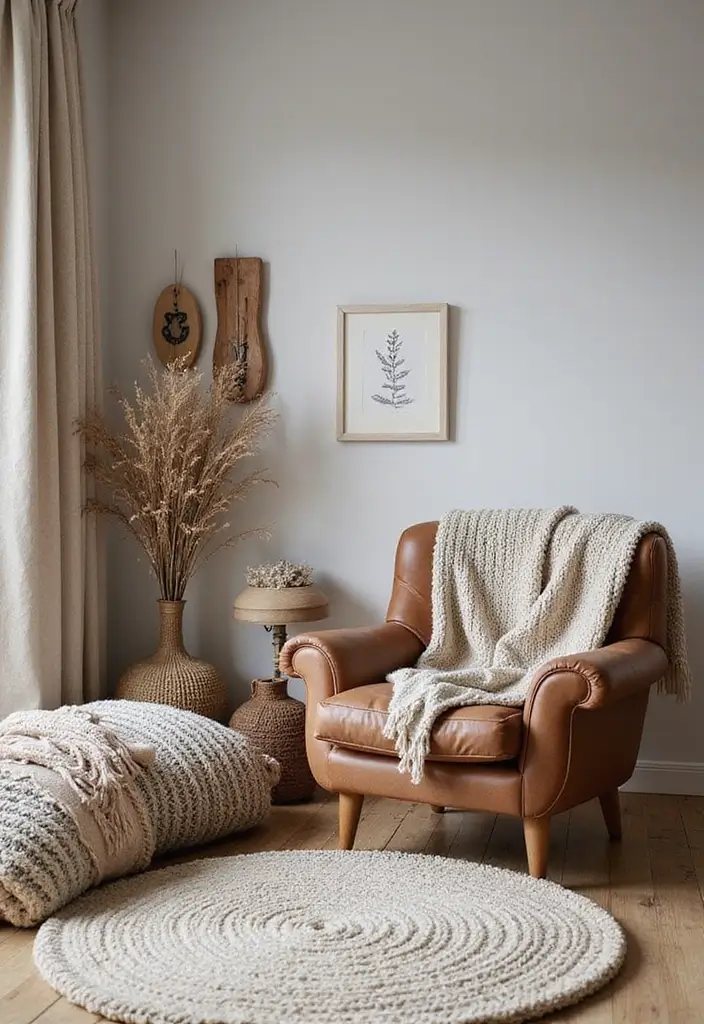 Scandinavian Living Room with Layered Textures and Leather Chair