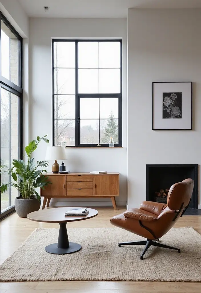 Minimalist Scandinavian Living Room with Steel-Frame Windows and Leather Chair