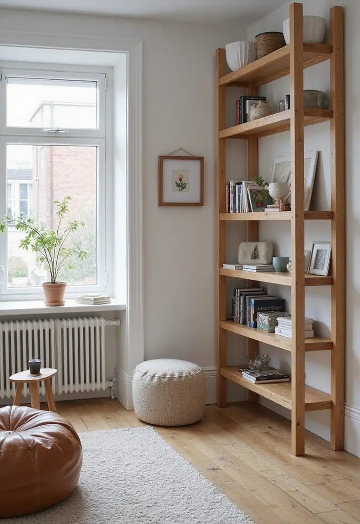 Functional Scandinavian Living Room with Leather Pouf and Storage Coffee Table