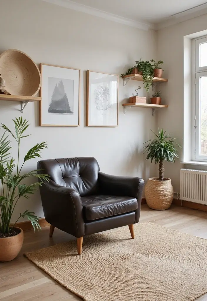 Scandinavian Living Room with Earthy Tones and Leather Chair