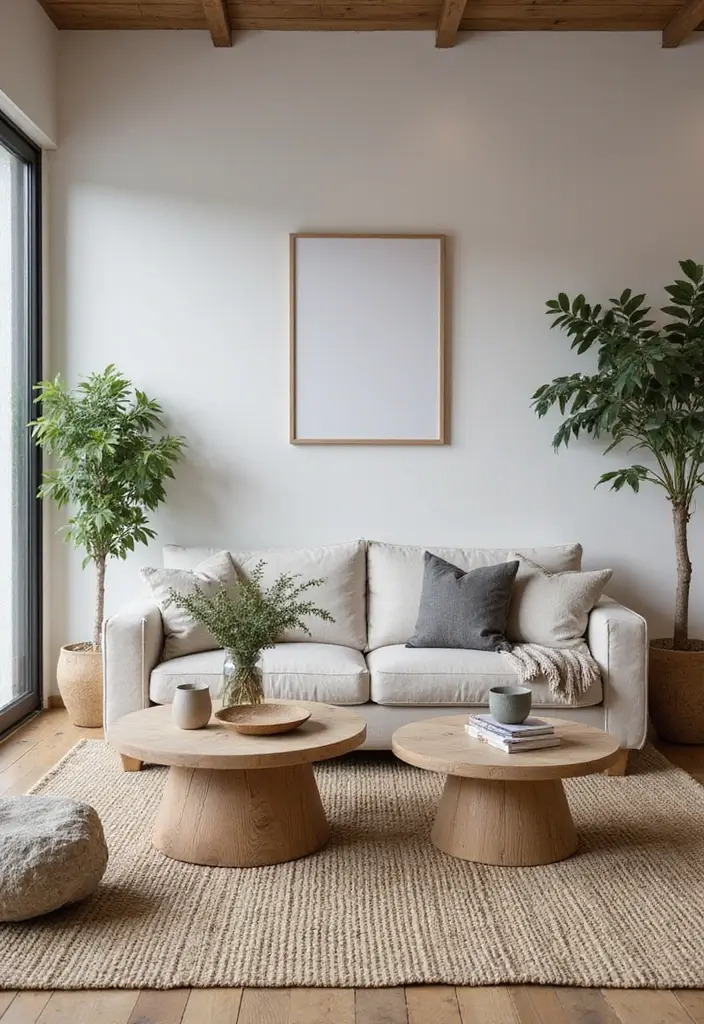 Scandinavian Living Room with Wooden Furniture and Plants