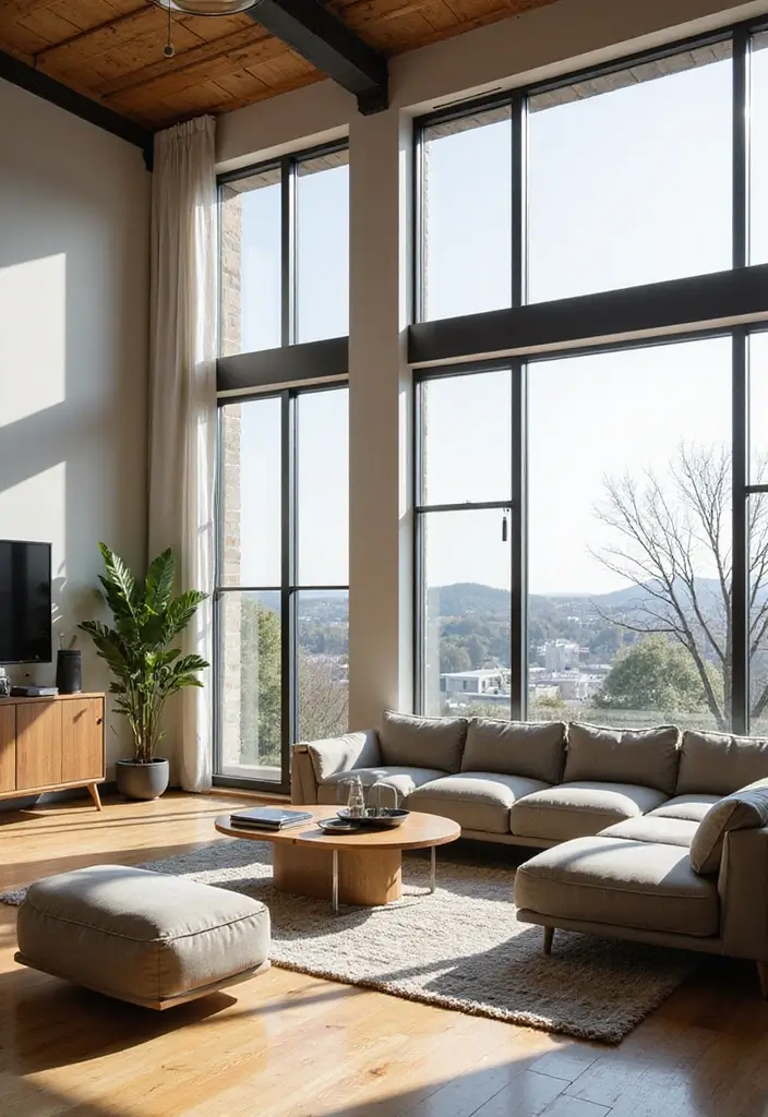 Open Scandinavian Living Room with Steel-Frame Windows and Leather Chairs