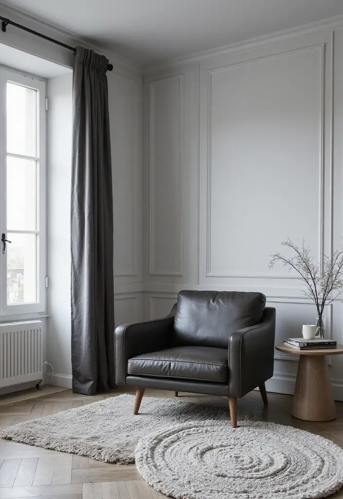 Monochrome Scandinavian Living Room with Leather Chair