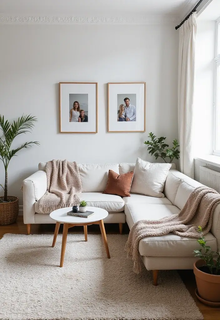 Personalized Scandinavian Living Room with Family Photos and Textiles