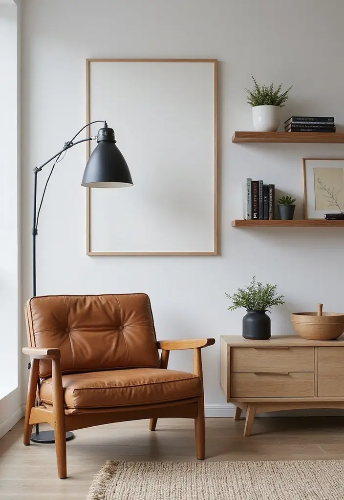 Scandinavian Living Room with Functional Art and Leather Chair