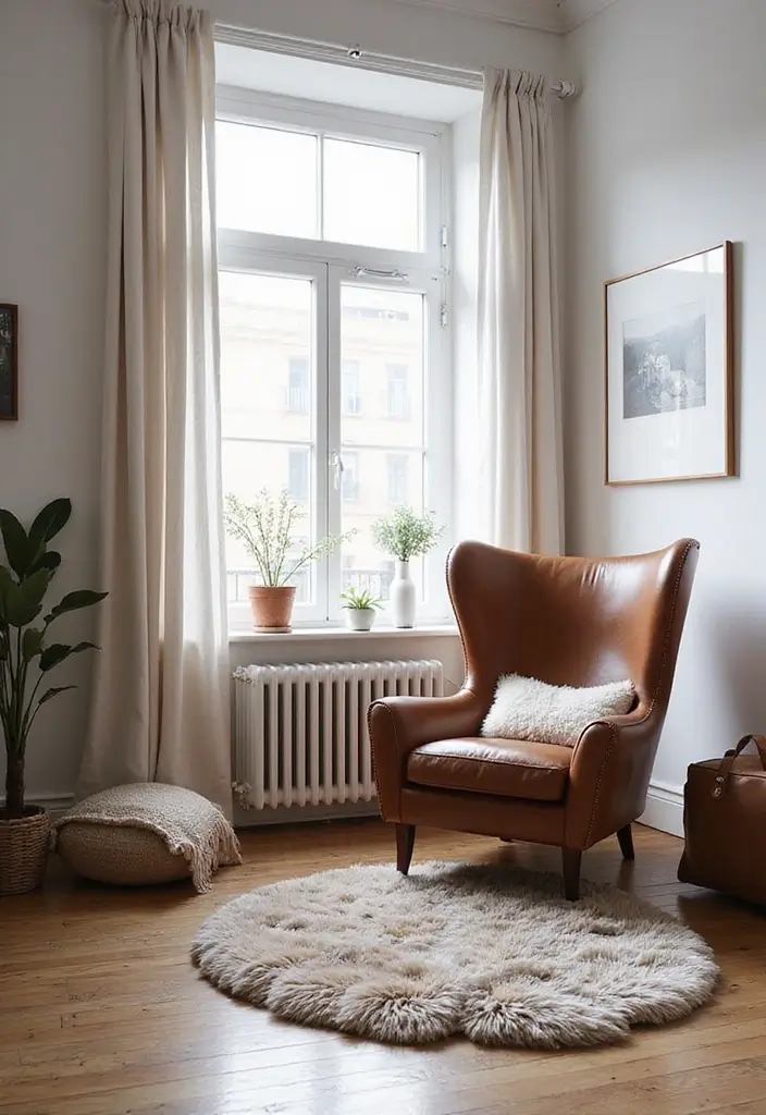 Scandinavian Living Room with Warm Textiles and Leather Chair