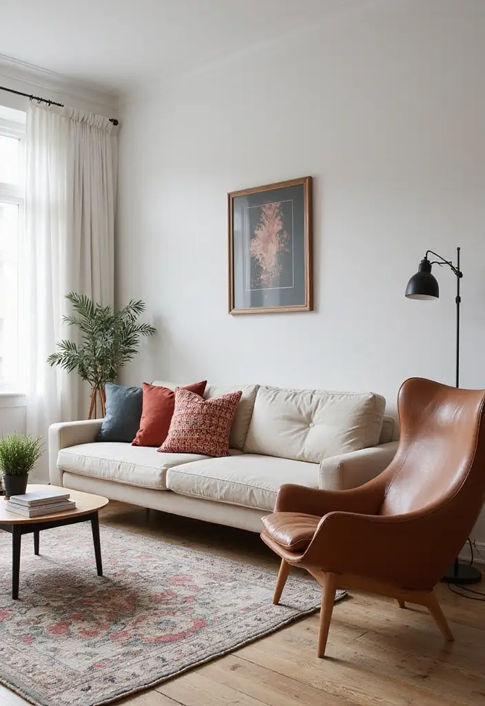 Scandinavian Living Room with Neutral Palette and Colorful Accents