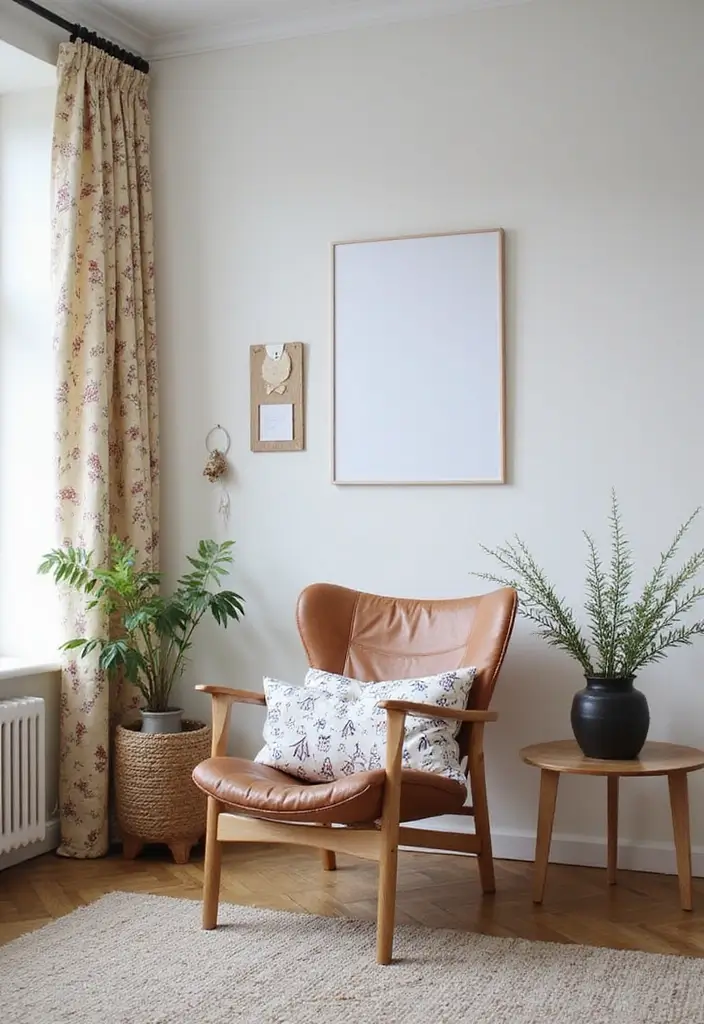 Scandinavian Living Room with Geometric Patterns and Leather Chair