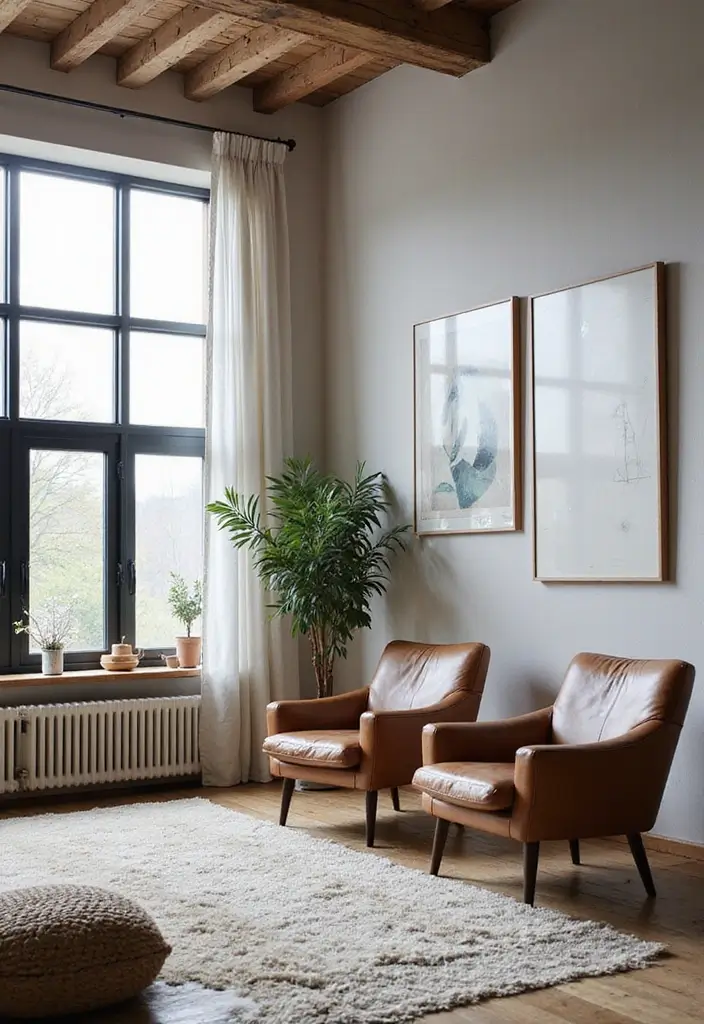 Serene Scandinavian Living Room with Steel-Frame Windows and Leather Chairs