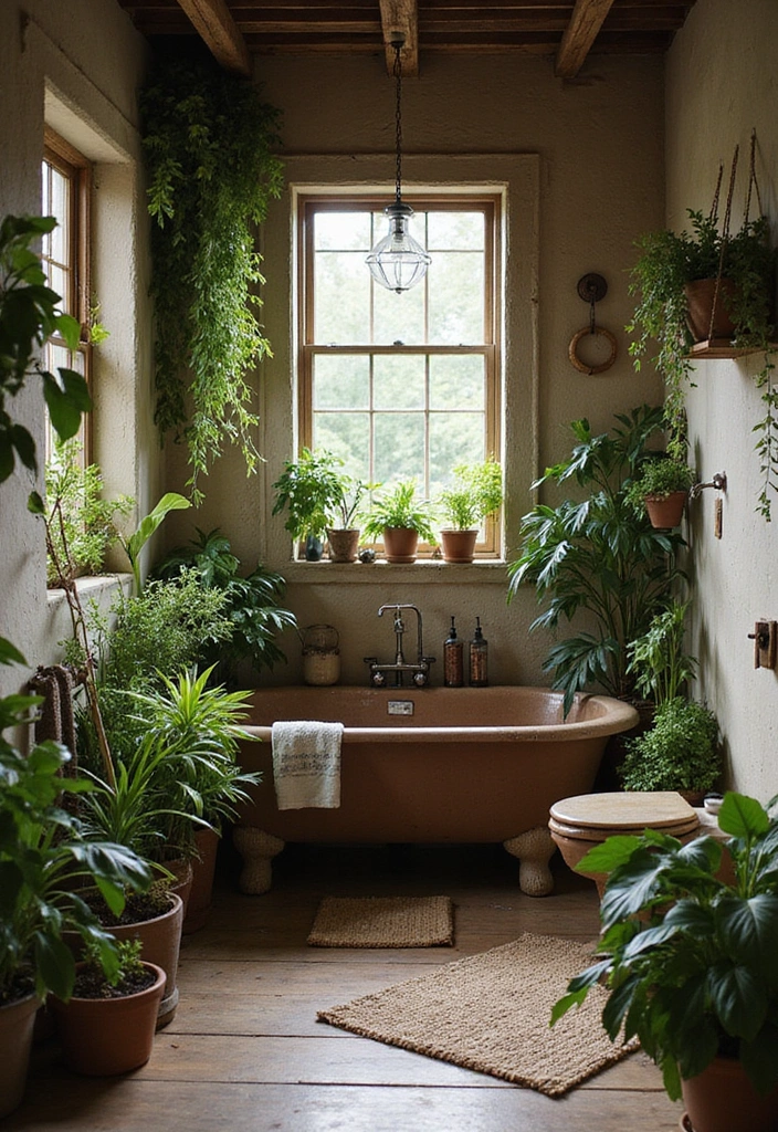 Lush Greenery in Rustic Bathroom