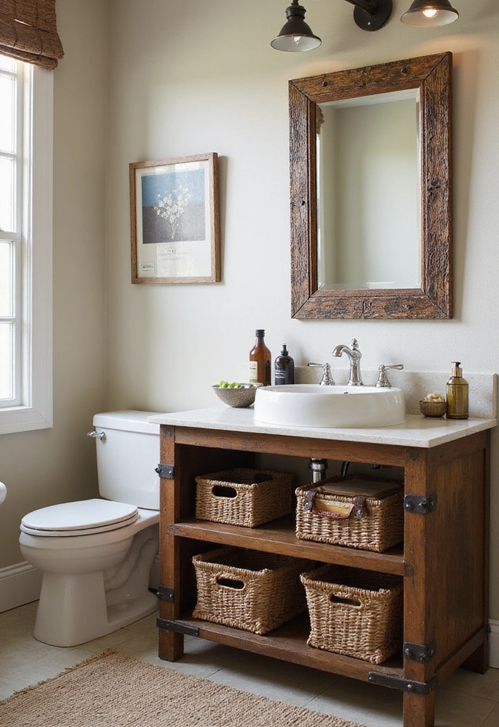 Creative Storage Options in Rustic Bathroom