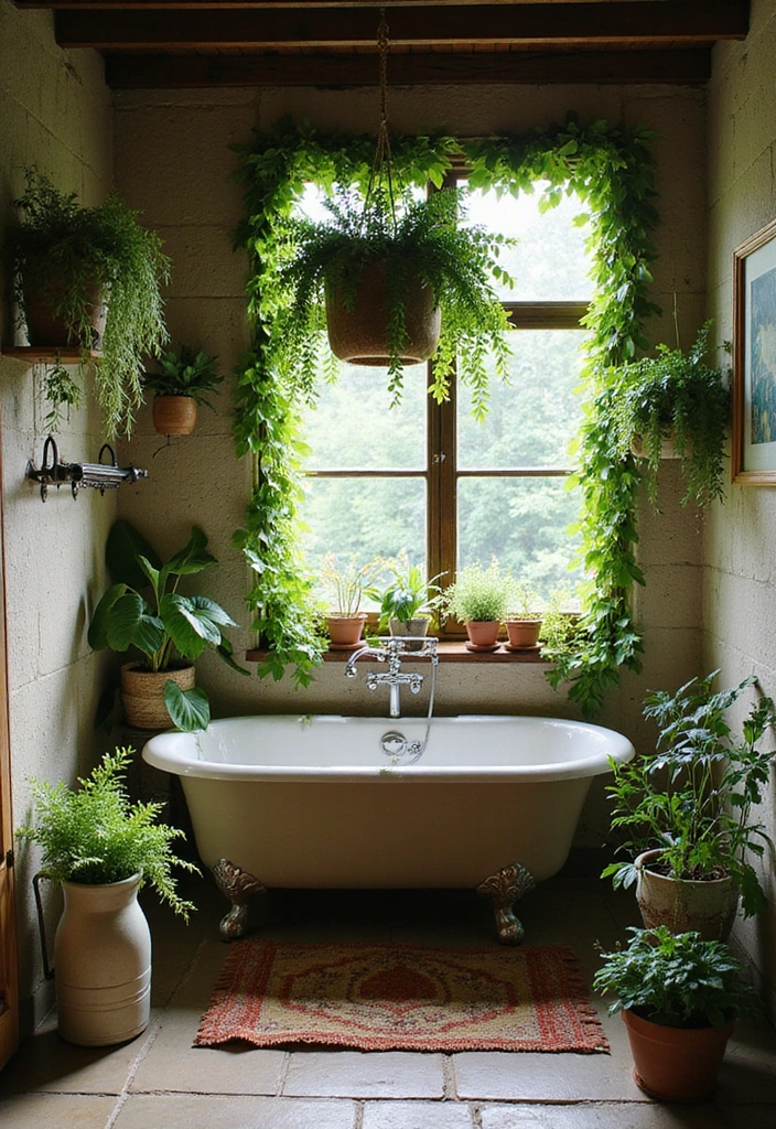 Lush Greenery in Rustic Bathroom