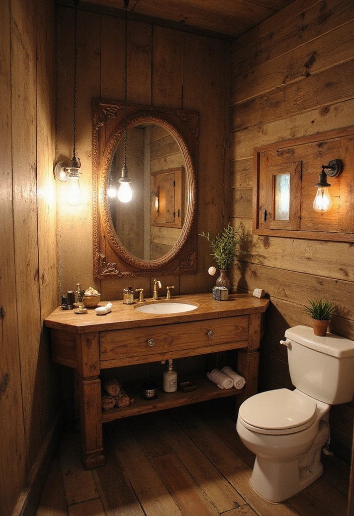 Unique Lighting Fixtures in Rustic Bathroom