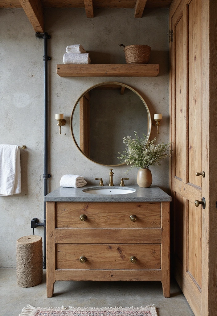 Rustic Wood Shelves in Industrial Bathroom