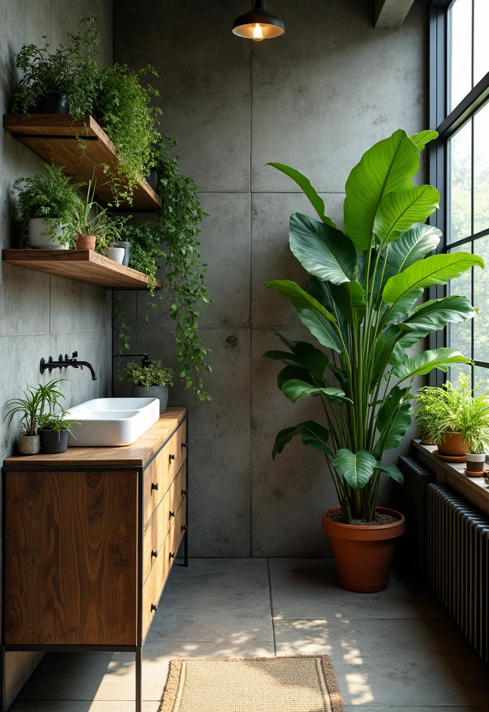 Greenery in Industrial Bathroom