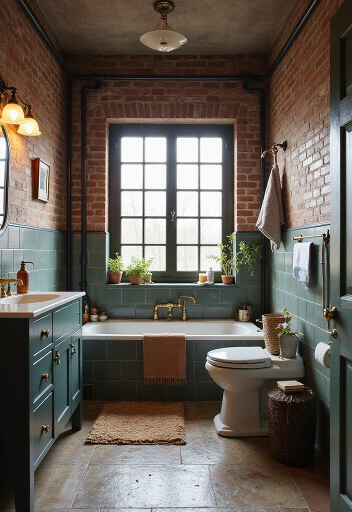 Industrial Chic Bathroom with Exposed Pipes and Brass Fixtures