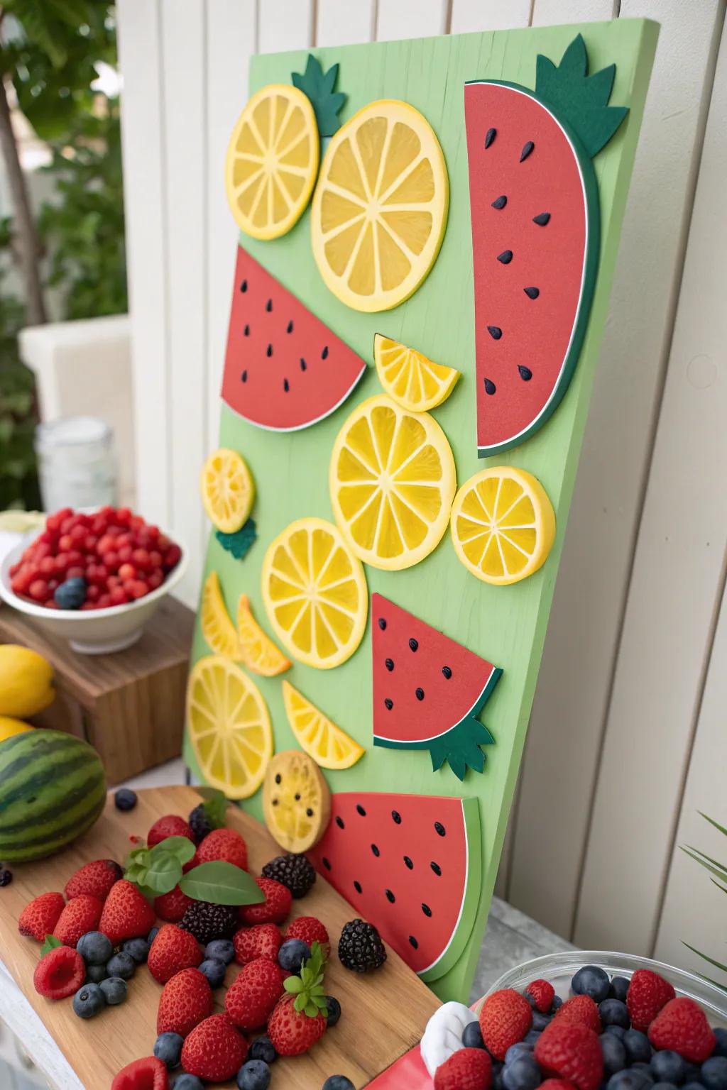 A board decorated with bright fruit illustrations like watermelons and lemons.