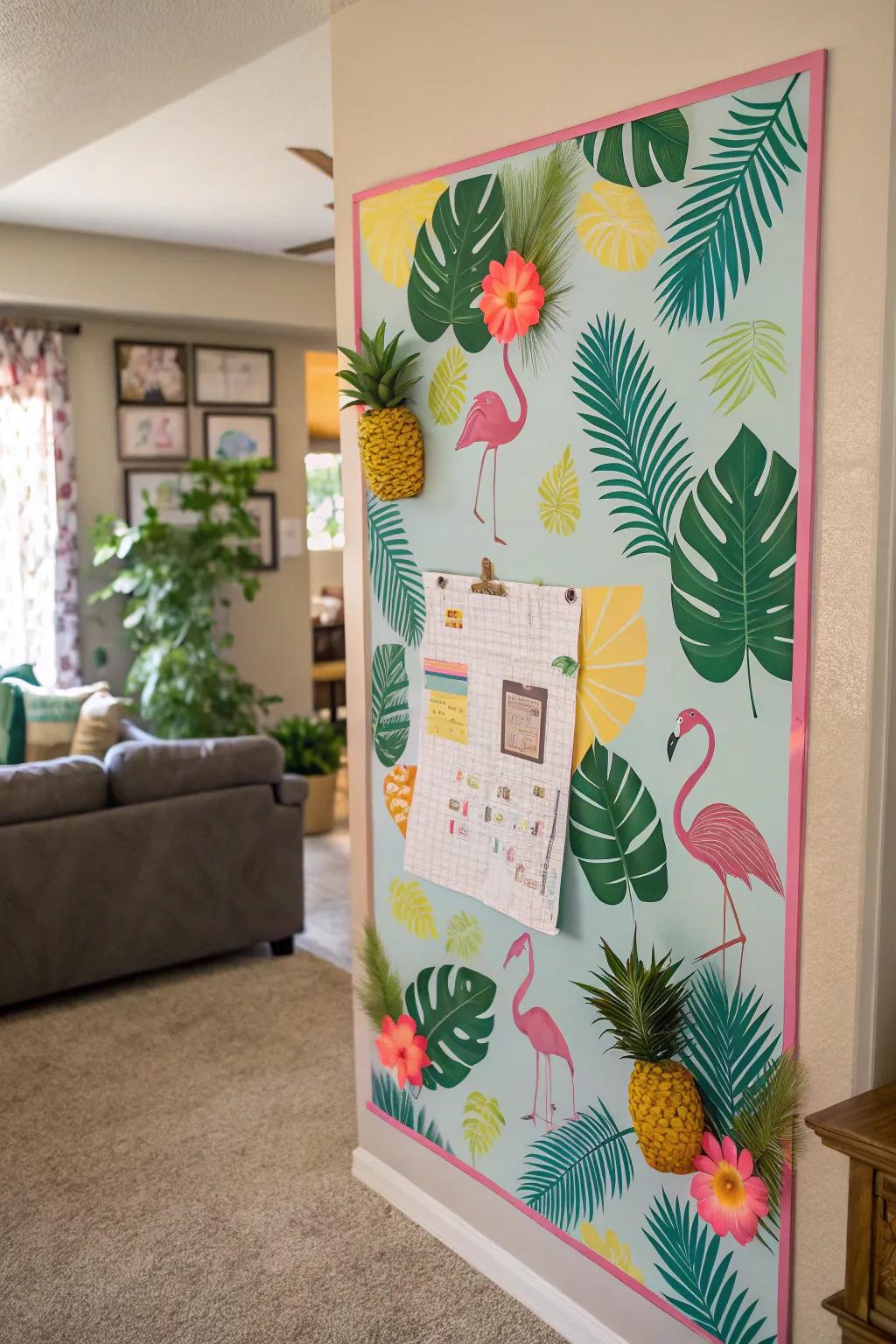 A bulletin board styled with tropical elements like palm fronds and flamingos.