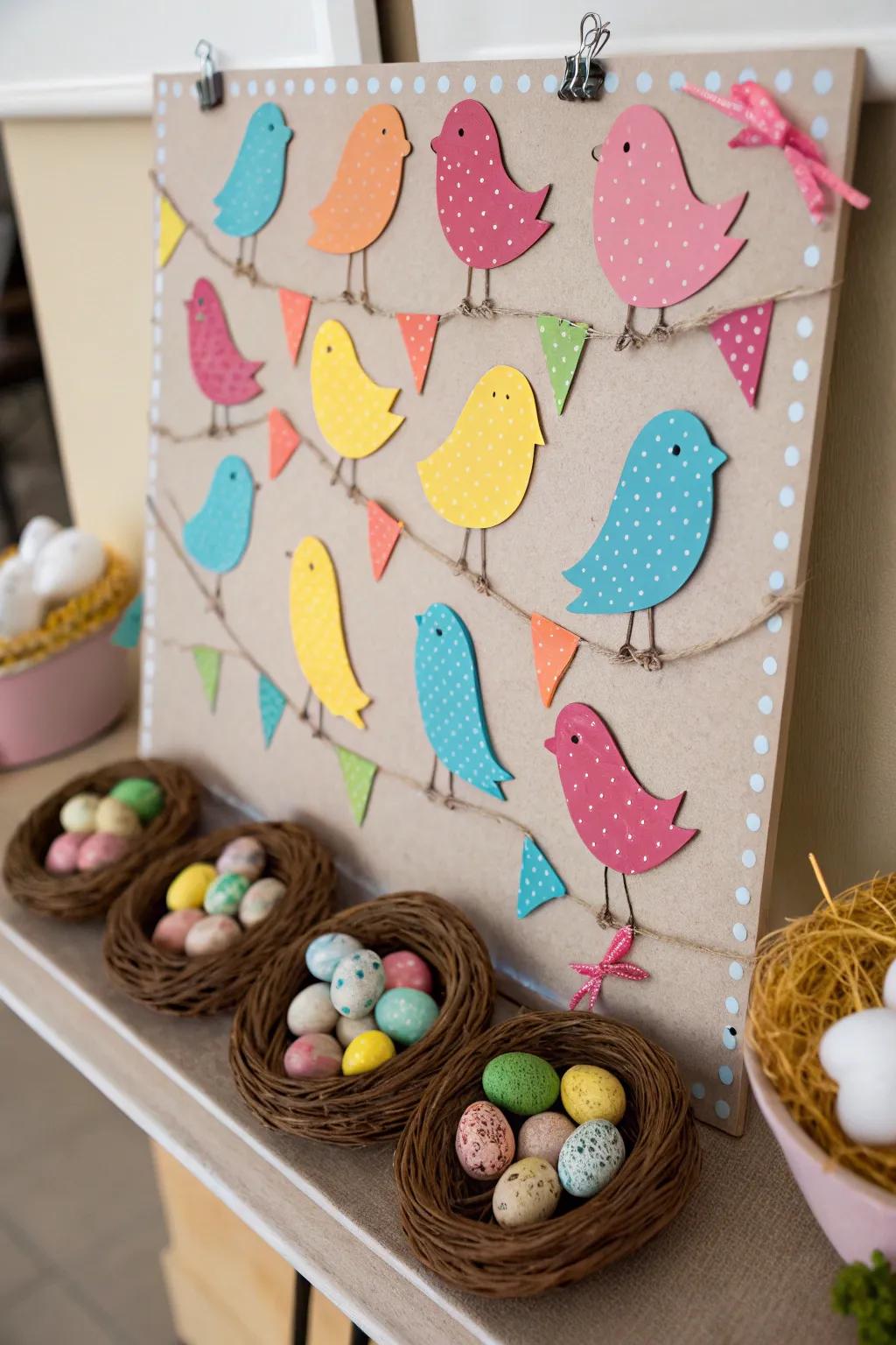 A vibrant board featuring colorful birds and nests.