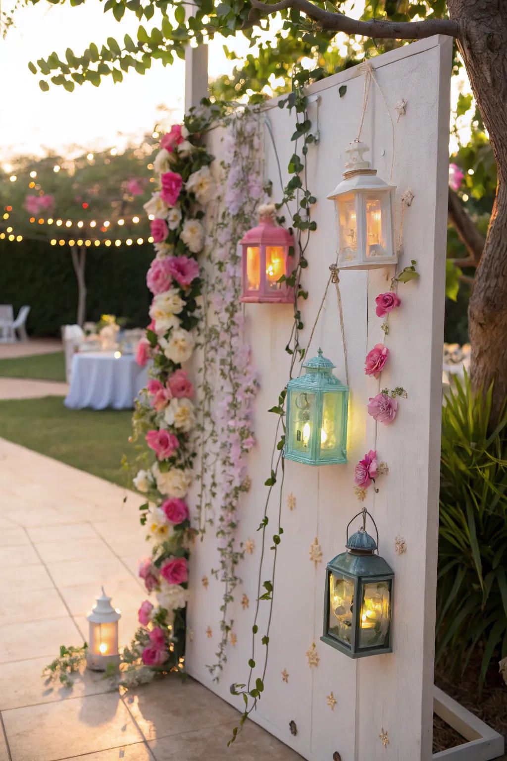 A board decorated for a garden party with lanterns and floral garlands.