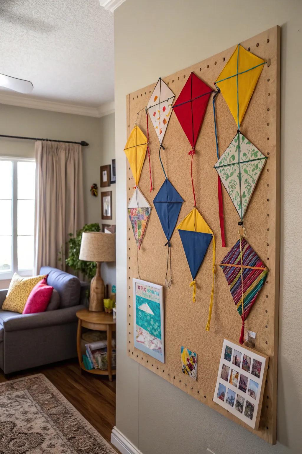 A playful board display featuring colorful kites.