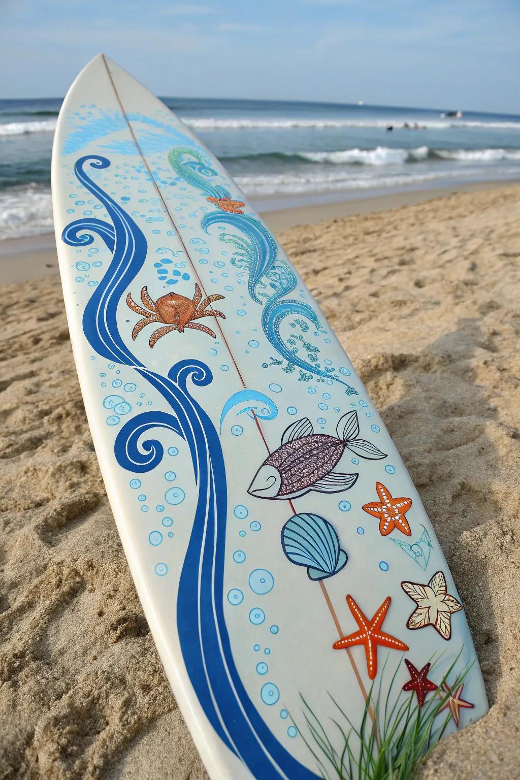 A board decorated with blue waves and marine life cutouts.