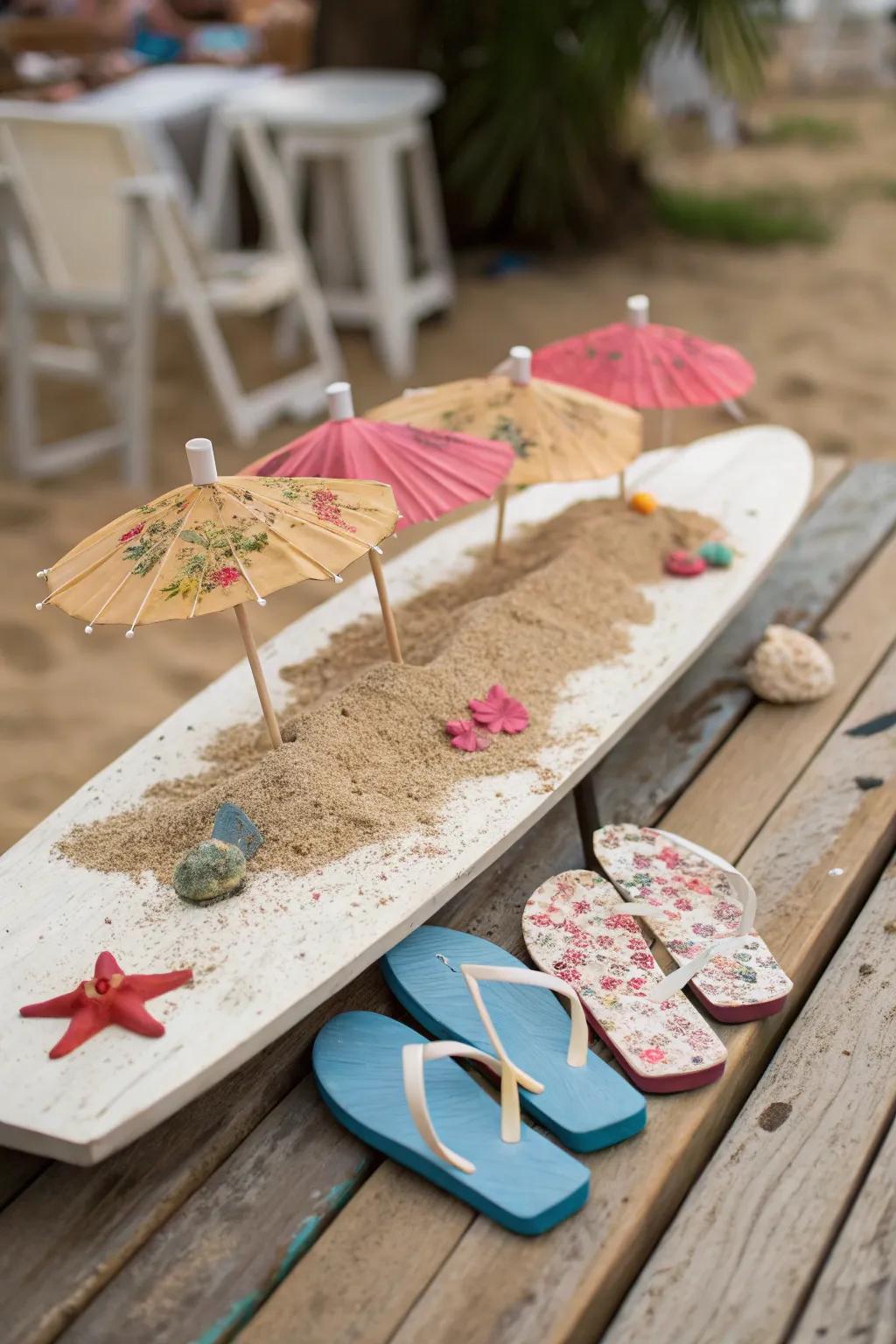 A board decorated with beach-themed items like mini umbrellas and flip-flops.