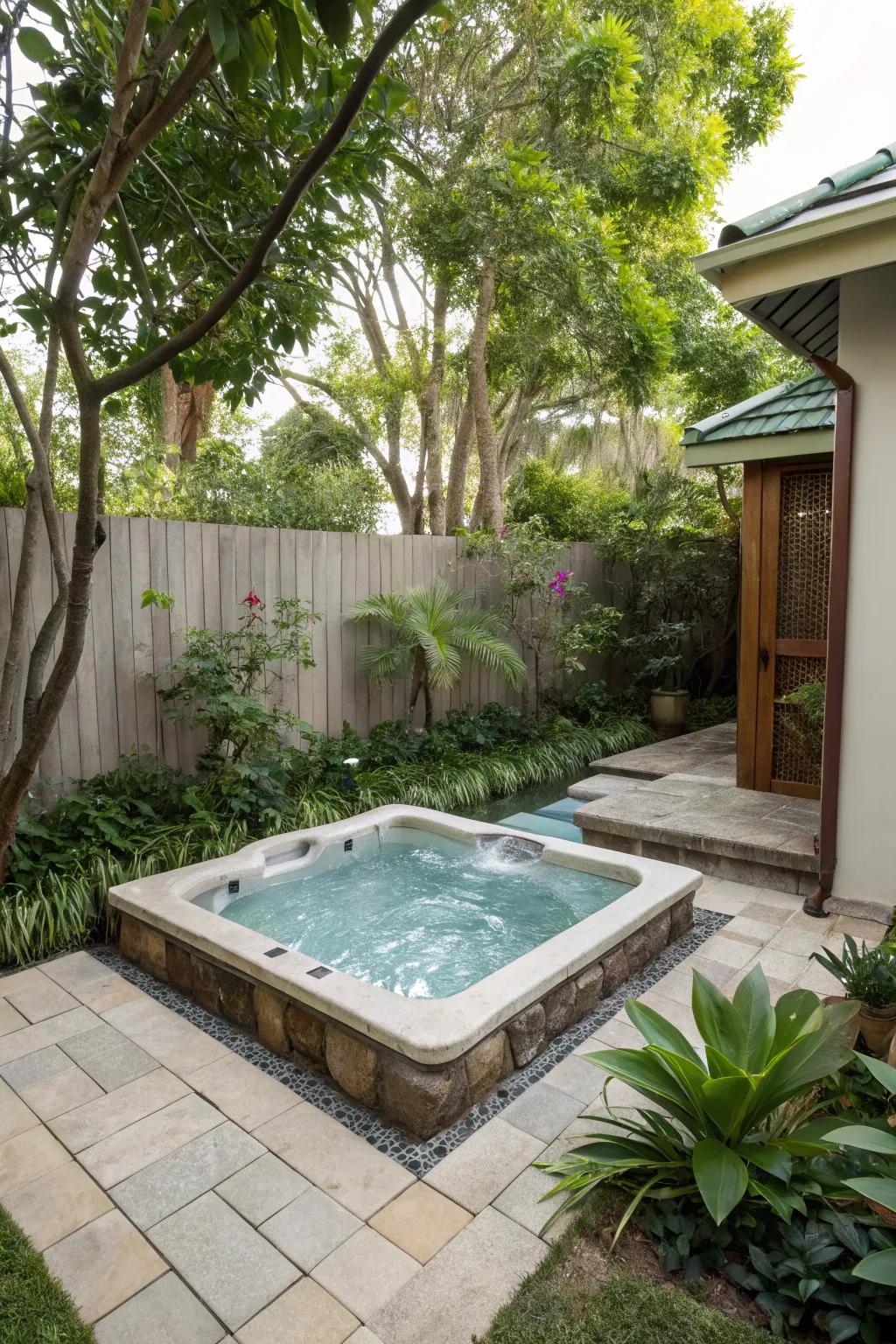 Integrating a hot tub adds luxury to compact backyard pools.