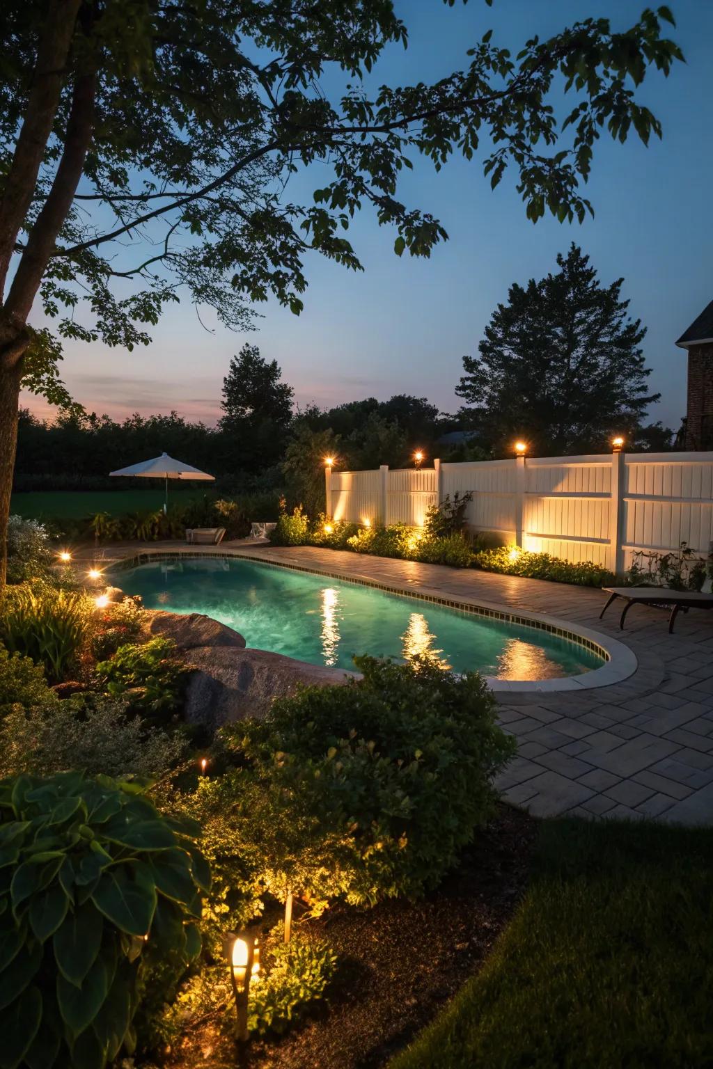 Ambient lighting creates a captivating nighttime pool atmosphere.