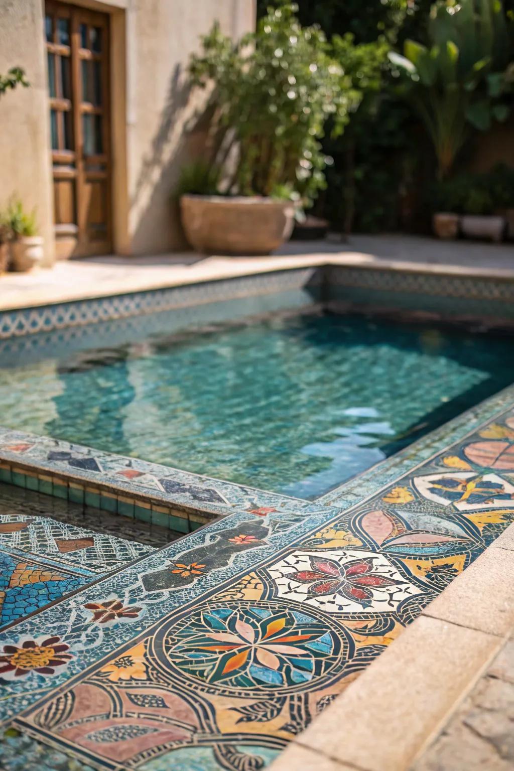 Underwater mosaics add artistic charm and uniqueness to pools.