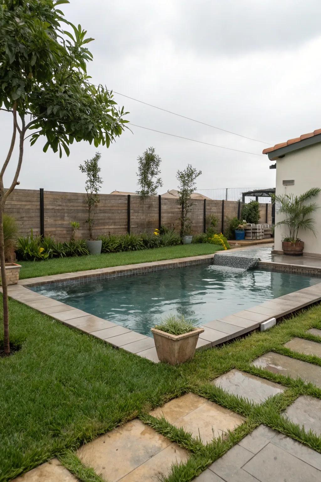 Pet-friendly pool features ensure safety and fun for furry family members.